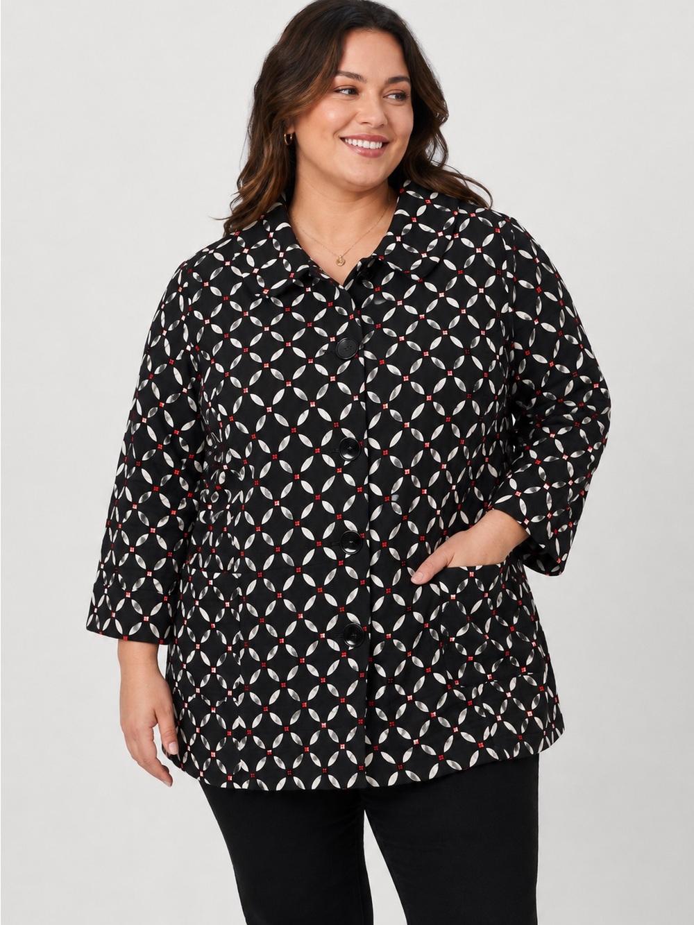 Plus Size Black Geometric Print Jacket